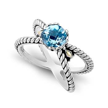 Blue Topaz X-Design Ring In Sterling Silver With 18K Gold Accents
