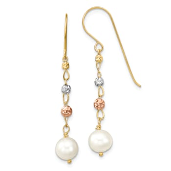 14K Tri-color Diamond-cut Freshwater Cultured Pearls Dangle Earrings