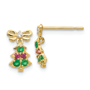 14K Yellow Gold Cubic Zirconia Children's Christmas Tree Dangle Post Earrings