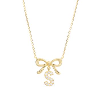 Initial S Bow CZ Necklace In 14K Gold Over Sterling Silver 0.23ctw