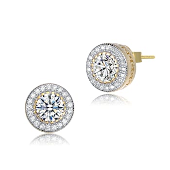 CZ Halo Stud Earrings In 14K Gold Over Brass