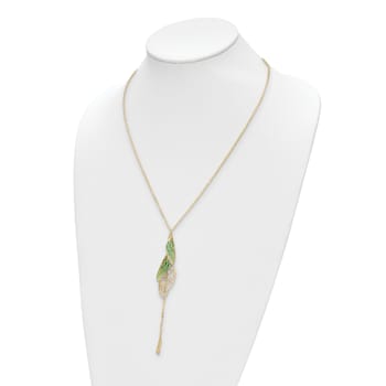 14K Yellow Gold Polished Green Enamel Butterfly Wing Y-drop Necklace