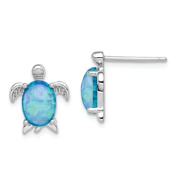 Rhodium Over Sterling Silver Lab Created Opal Polished Turtle Post Earrings