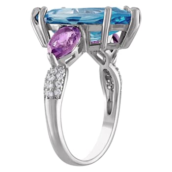 Sterling Silver Swiss Blue Topaz, Amethyst, and Lab White Sapphire Ring