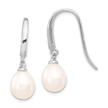 Rhodium Over Sterling Silver Polished 8-9mm Freshwater Cultured Pearl
Dangle Earrings