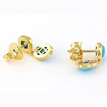 Turquoise Oval And Cushion Drop Earrings In 18K Gold Over Sterling Silver