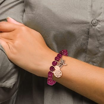 Rose Stainless Steel Antiqued and Polished Dragonfly Pink Dyed Jade Bracelet