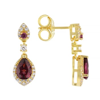 Grape Color Garnet And White Zircon Dangle Earrings In 18K Gold Over
Sterling Silver 2.33ctw