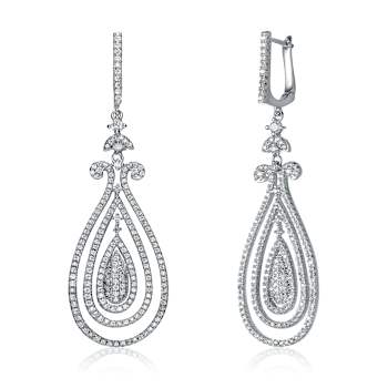 CZ Triple Outline Teardrop Drop Earrings In Sterling Silver