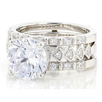 White Cubic Zirconia Rhodium Over Silver Ring and Guard Set (2.15ctw DEW)