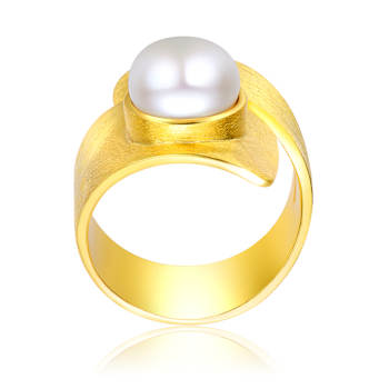 Pear Shape Freshwater Pearl Cuff Ring In 14K Gold Over Sterling Silver