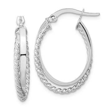Rhodium Over 14k White Gold Polished and Textured 15/16" Oval
Hinged Hoop Earrings