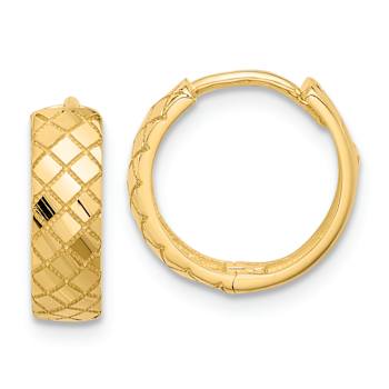 14k Yellow Gold Polished and Laser Design Textured 1/2" Hinged Hoop Earrings