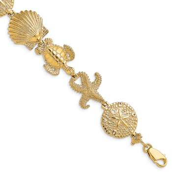14k Yellow Gold Polished and Textured Sand Dollar, Starfish and Turtle
Link Bracelet