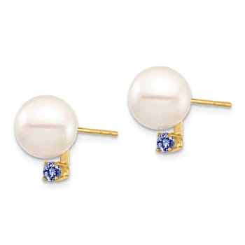 14K Yellow Gold 8-8.5mm White Round Freshwater Cultured Pearl Tanzanite
Post Earrings