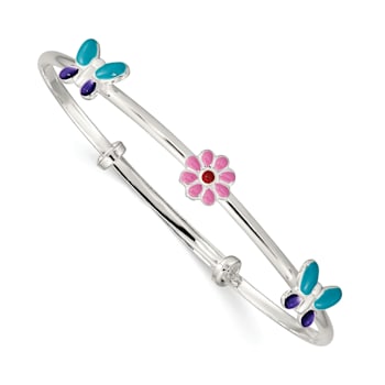 Sterling Silver Enamel Flower and Butterfly Adjustable Children's Bangle