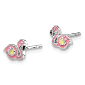 Rhodium Over Sterling Silver Childs Enamel Flamingo Post Earrings
