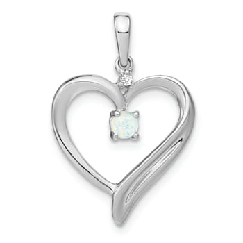Rhodium Over 14k White Lab Gold Created Opal and Diamond Heart Pendant