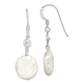 Sterling Silver Polished Freshwater Cultured Coin Pearl and CZ Dangle Earrings