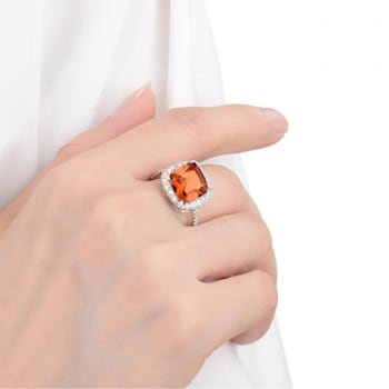 Peach Orange Lab Created Padparadscha Sapphire Rhodium Over Sterling
Silver Cushion Cut Halo Ring