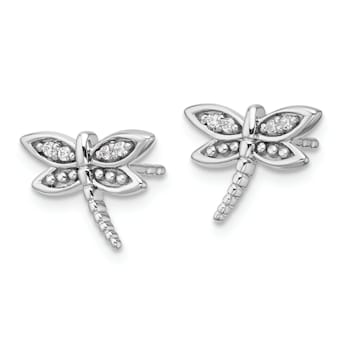 Rhodium Over Sterling Silver White Diamond Dragonfly Post Earrings