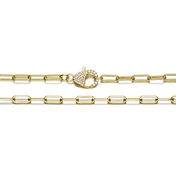 CZ Pave Clasp Paperclip Link Chain Necklace In 14K Gold Over Brass 16 Inch