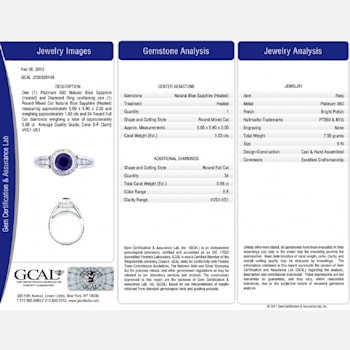 Round Blue Sapphire and White Diamond Platinum Ring. 1.69 CTW
