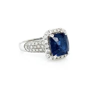 4.87 Ctw Blue Sapphire and 1.08 Ctw White Diamond Ring in 14K WG