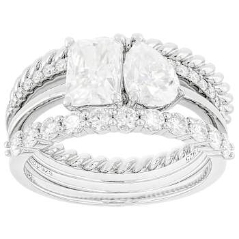 Moissanite Multi-Cut Ring Set of 3 in Platinum-Enhanced Sterling Silver