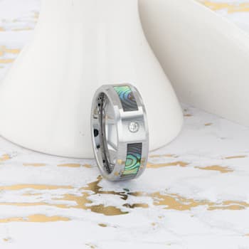 HONOLULU Mother of Pearl Inlay Tungsten Carbide Ring with Beveled Edges
and White Diamond 8mm
