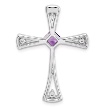 Rhodium Over 14k White Gold Amethyst and Diamond Cross Chain Slide Pendant