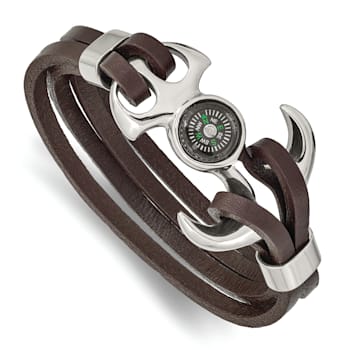 Brown Leather and Stainless Steel Polished Functional Compass 8.5-inch Bracelet