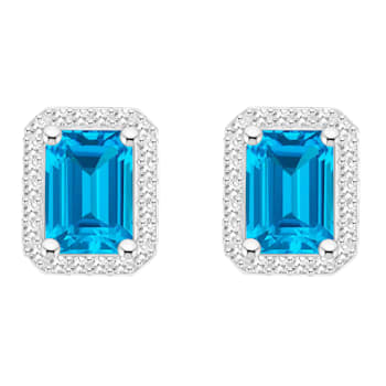 7x5mm Emerald Cut Blue Topaz 1/5 ctw Diamond Rhodium Over Sterling
Silver Halo Stud Earrings