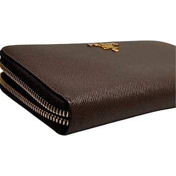 Prada Bruciato Brown Saffiano Leather Zip Around Continental Wallet