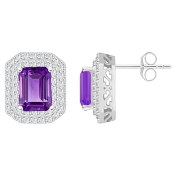 8x6mm Emerald Cut Amethyst And White Topaz Accent Rhodium Over Sterling
Silver Double Halo Earrings