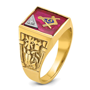 10K Yellow Gold Men's Lab Created Ruby and Diamond Lodge Masonic Ring