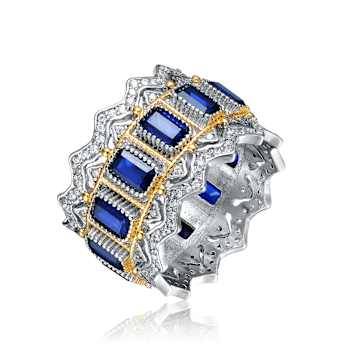 Sapphire Color CZ Two-Tone Cocktail Ring In White Gold And 14K Gold Over Brass