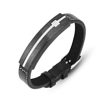 Mens Black Leather and Stainless Steel Cross Bracelet