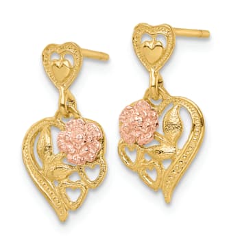 14K Yellow Gold and 14K Rose Gold Textured Heart with Flower Dangle Earrings