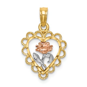 14k Tri-color Gold Textured Heart with Rose and Lace Trim Charm