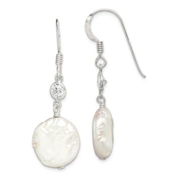 Sterling Silver Polished Freshwater Cultured Coin Pearl and CZ Dangle Earrings