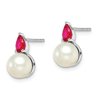 Rhodium Over 14K White Gold Freshwater Cultured Pearl and Ruby Post Earrings
