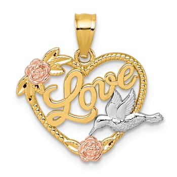 14K Tri-color Gold Polish Love Floral And Bird Heart Pendant