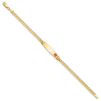 14k Yellow Gold Medical Soft Diamond Shape Red Enamel Curb Link ID Bracelet