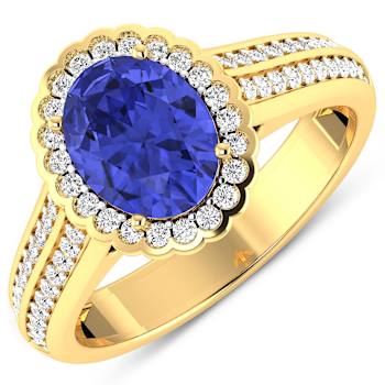 Purple Tanzanite and White Diamond Bridge 14K Yellow Gold Ring