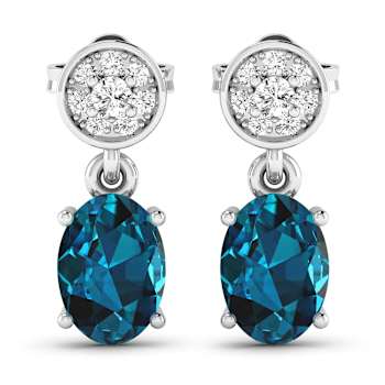 1.40ctw 14K White Gold London Blue Topaz  and White Diamond Halo Earrings