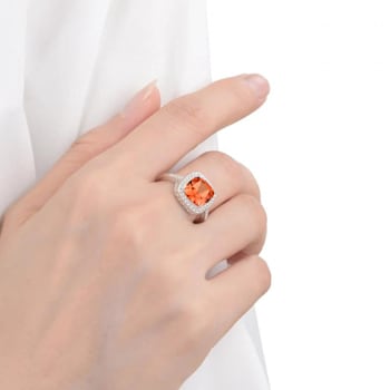 Peach Orange Lab Created Padparadscha Sapphire Rhodium Over Sterling
Silver Cushion Cut Ring