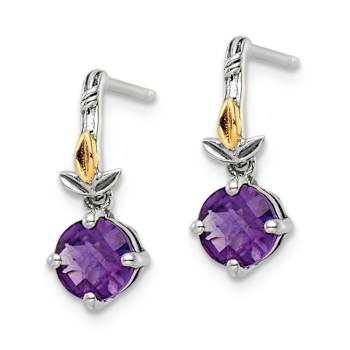 Sterling Silver Antiqued with 14K Accent Leaf Amethyst Dangle Post Earrings