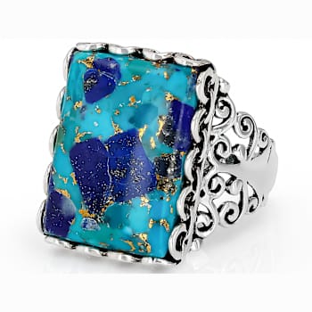 Blended Turquoise And Lapis Lazuli Solitaire Ring In Oxidized Sterling Silver