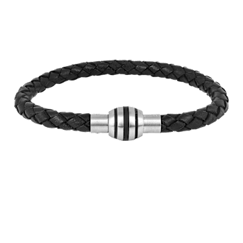Mens Black Leather Braided Rope Bracelet with Stainless Steel Magnetic Closure